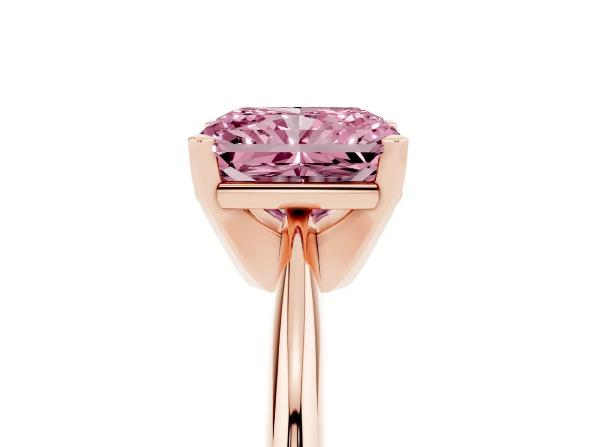 Fancy Pink Radiant Cut Cut Solitaire Ring with Four-Prong Setting on a Classic Band Rose gold