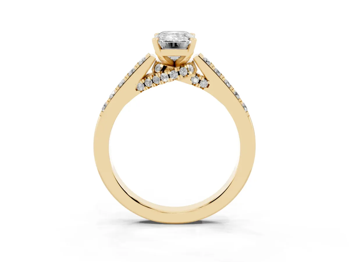 Emerald Cut Diamond Solitaire Ring with Crossover Gallery and Round Pavé Band Yellow gold