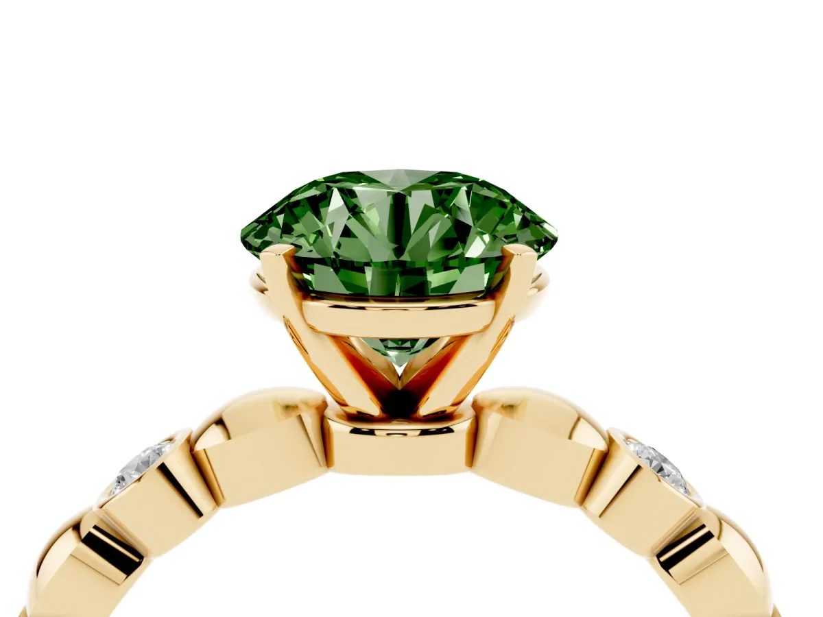 Fancy Green Round Cut Solitaire Bezel-Set Diamond Ring with Beaded Band and Four-Prong Setting Yellow gold