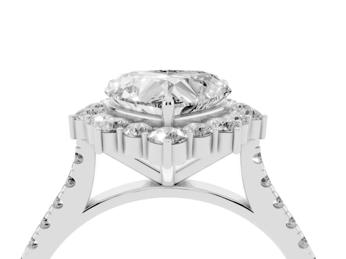 Heart Cut Halo Diamond Ring with Pavé Band and Prong Setting Silver