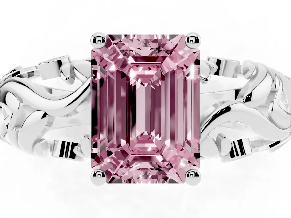 Fancy Pink Emerald Cut Solitaire Diamond Leaf-Inspired Vine Band Ring with Prong Setting Platinum