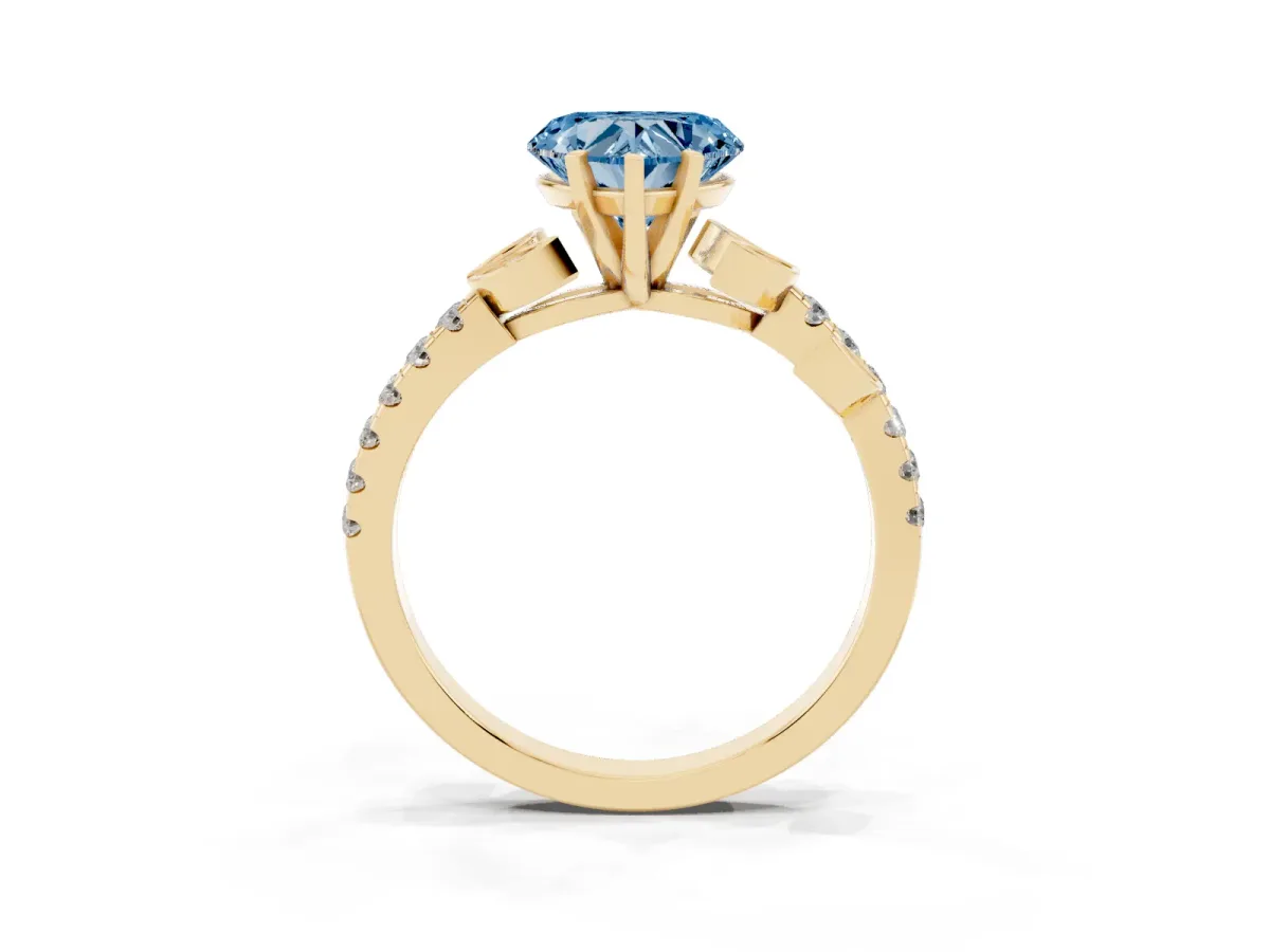 Fancy Blue Heart Cut Solitaire Leaf-Inspired Diamond Ring with Pavé Band and Four-Prong Setting Yellow gold
