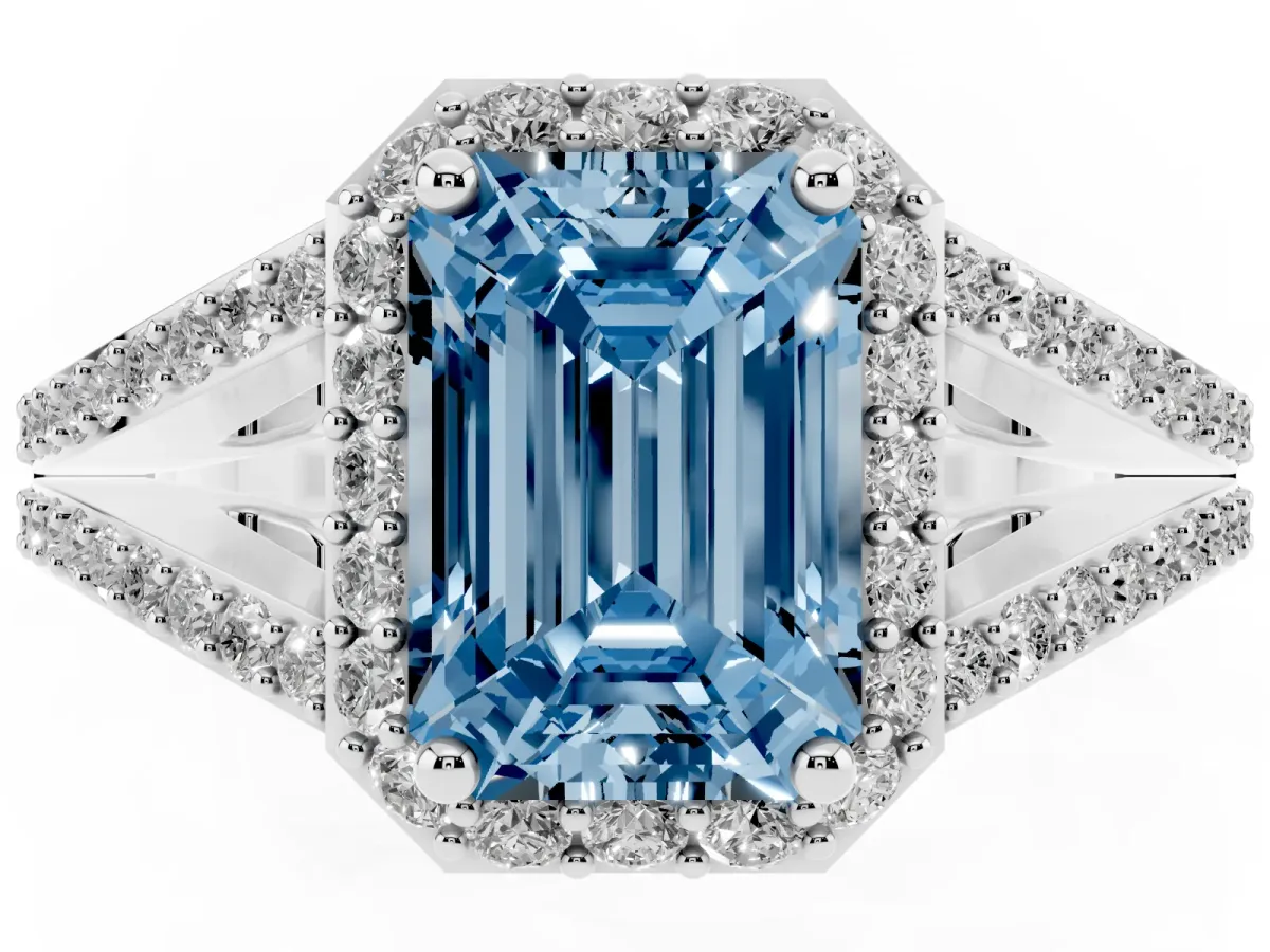 Fancy Blue Emerald Cut Halo Split Shank Pave Diamond Ring with Four-Prong Setting Silver