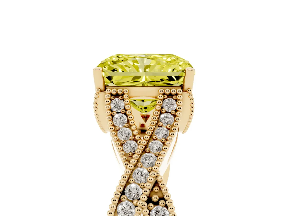 Fancy Yellow Radiant Cut Cut Diamond Twisted Band with Milgrain Pave Setting and Four-Prong Setting Yellow gold