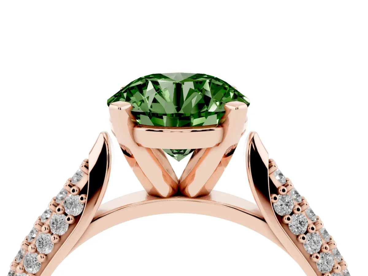 Fancy Green Round Cut Diamond Solitaire Engagement Ring with Multi-Row Round Pavé Band and Prong Setting Rose gold