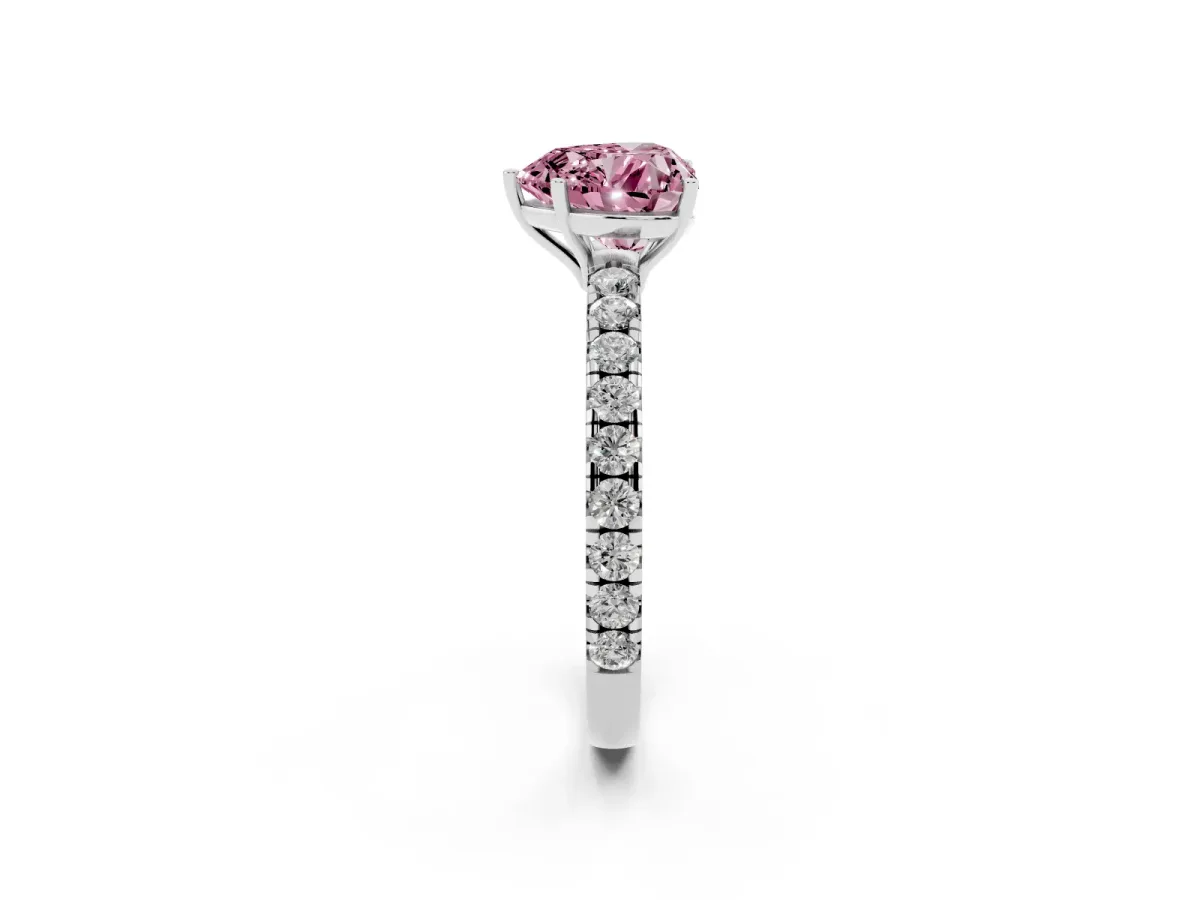 Fancy Pink Heart Cut Diamond Pavé Solitaire Engagement Ring with Four-Prong Setting Silver