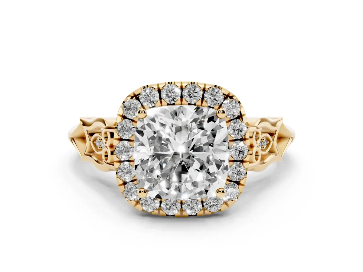 Cushion Cut Halo Diamond Engagement Ring with Filigree Band and Four-Prong Setting Yellow gold