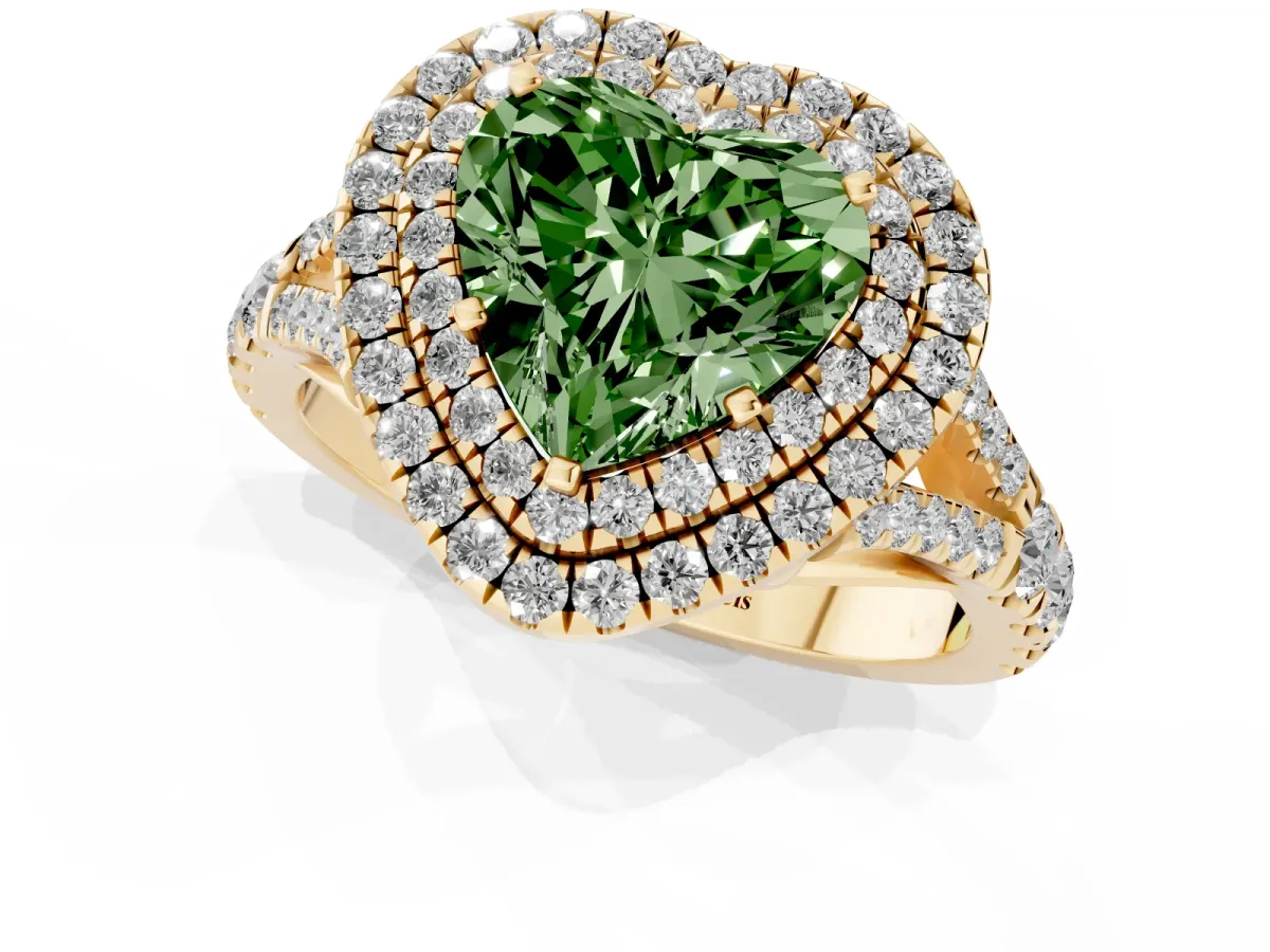 Fancy Green Heart Cut Cut Double Halo Split Shank Diamond Ring with Prong Setting Yellow gold