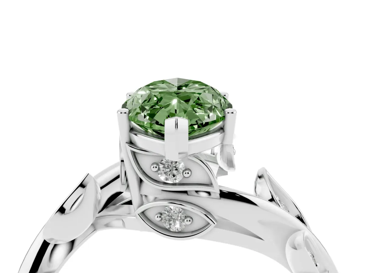 Fancy Green Marquise Cut Solitaire Twist Engagement Ring with Leaf Accents and Prong Setting Platinum