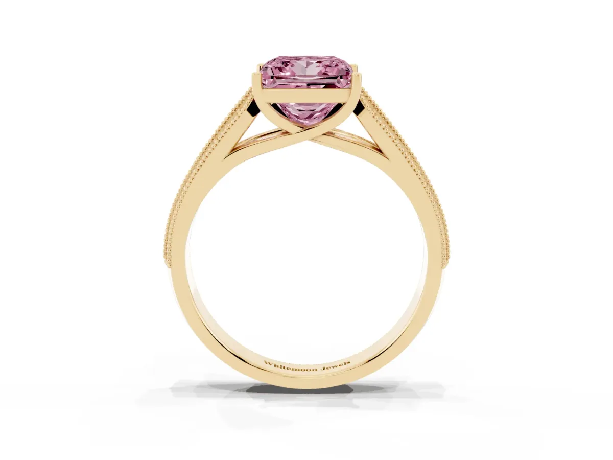 Fancy Pink Princess Cut Cut Pave Split Shank Engagement Ring with Four-Prong Setting Yellow gold