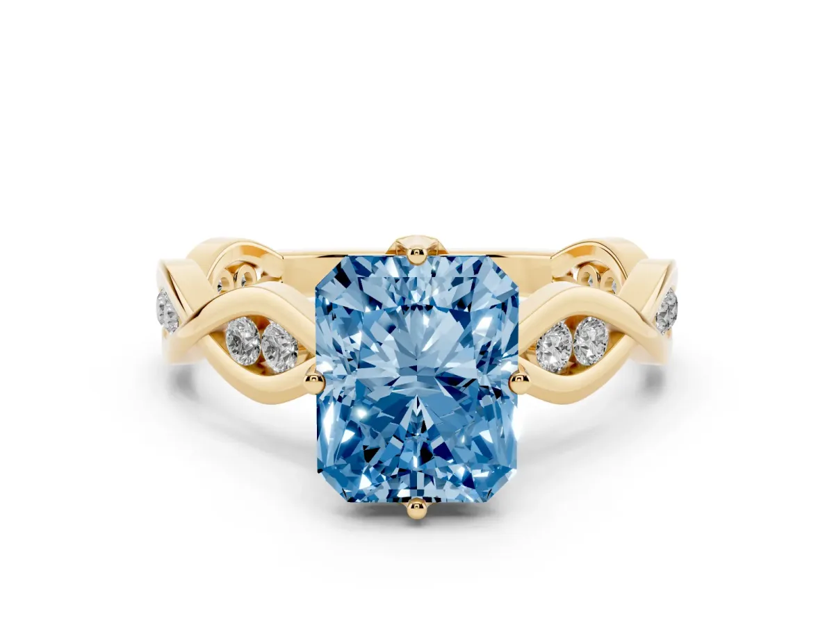 Fancy Blue Radiant Cut Solitaire Twist Band with Leaf Prong Setting Yellow gold