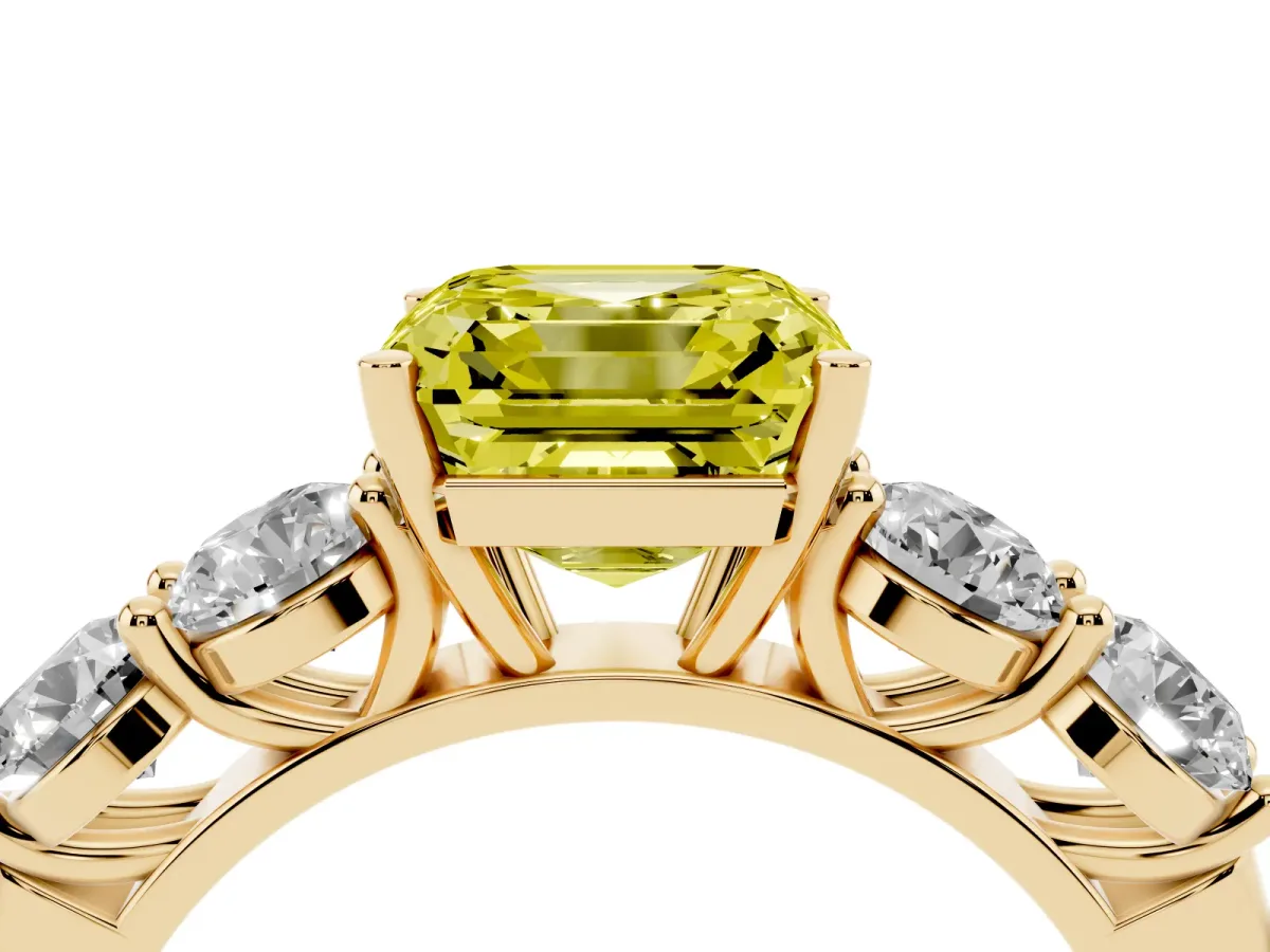 Fancy Yellow Asscher Cut Cut Five-Stone Prong Set Diamond Ring with Classic Band Yellow gold
