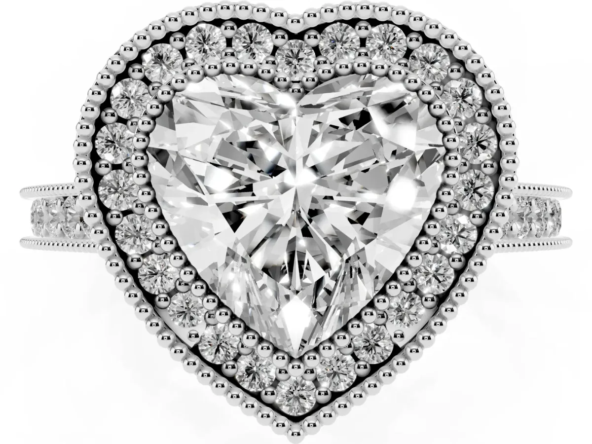 Halo Heart Cut-Cut Diamond Pave Band Milgrain Prong Setting Ring Silver
