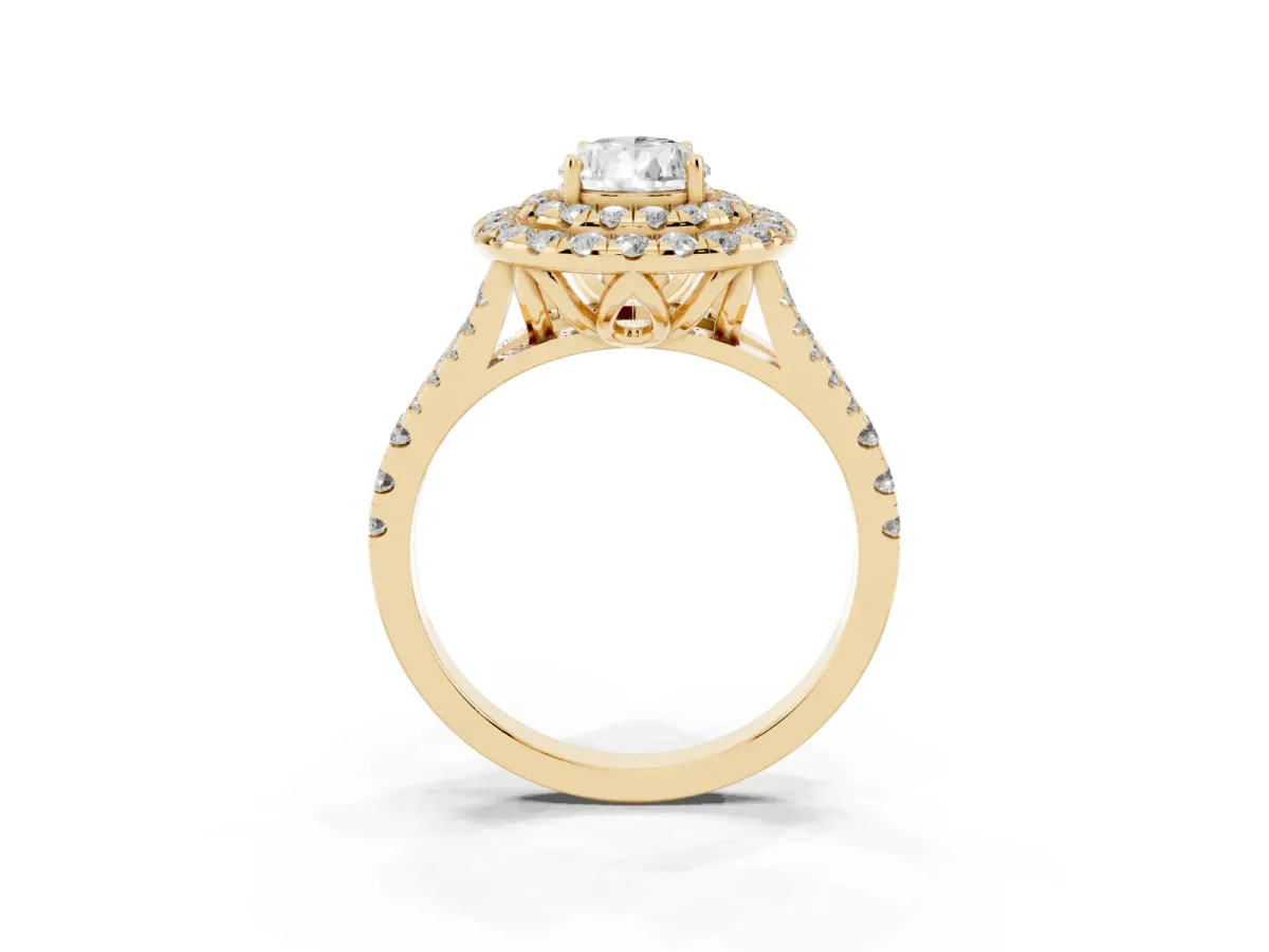 Double Halo Pear Cut Diamond Pavé Split Shank Ring with Prong Setting Yellow gold