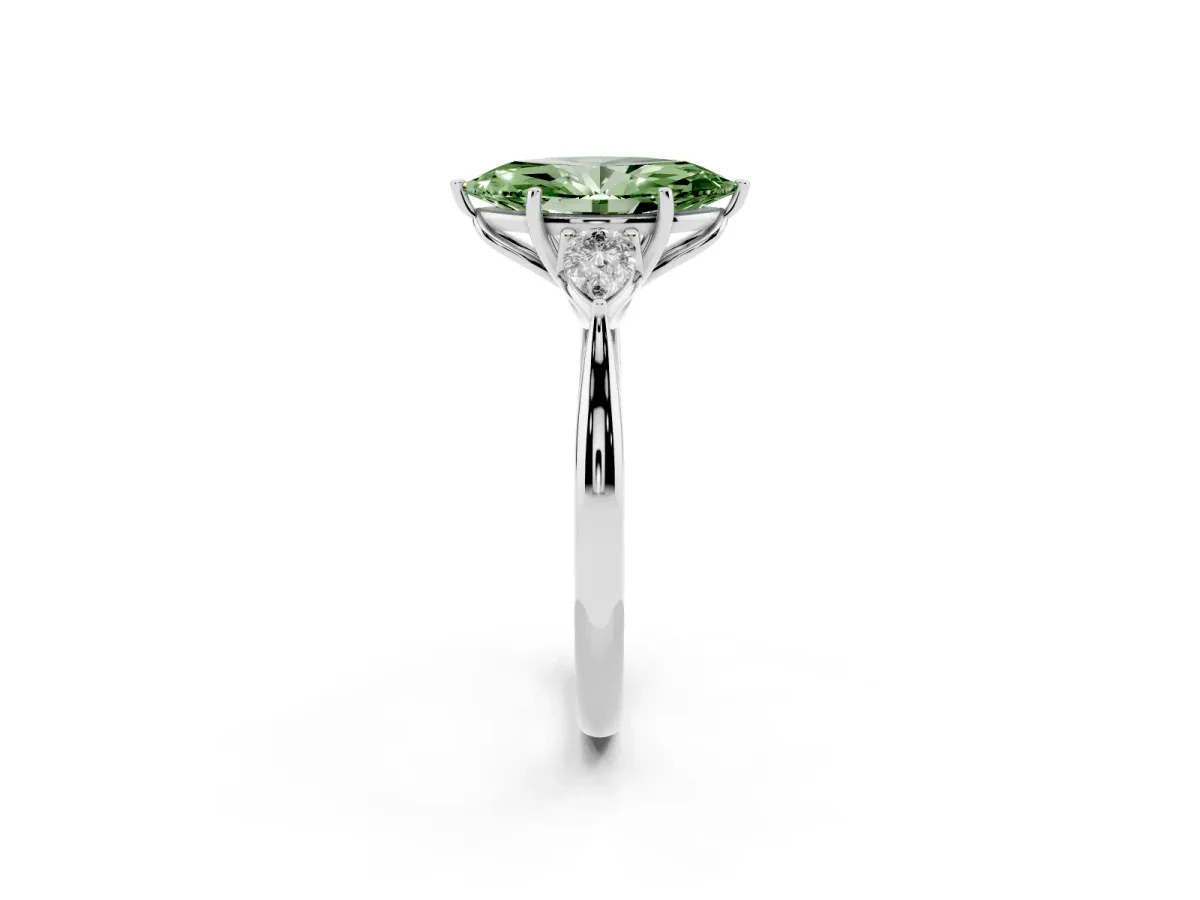 Fancy Green Marquise Cut Diamond Three-Stone Ring with Pear Side Stones and Prong Setting Silver