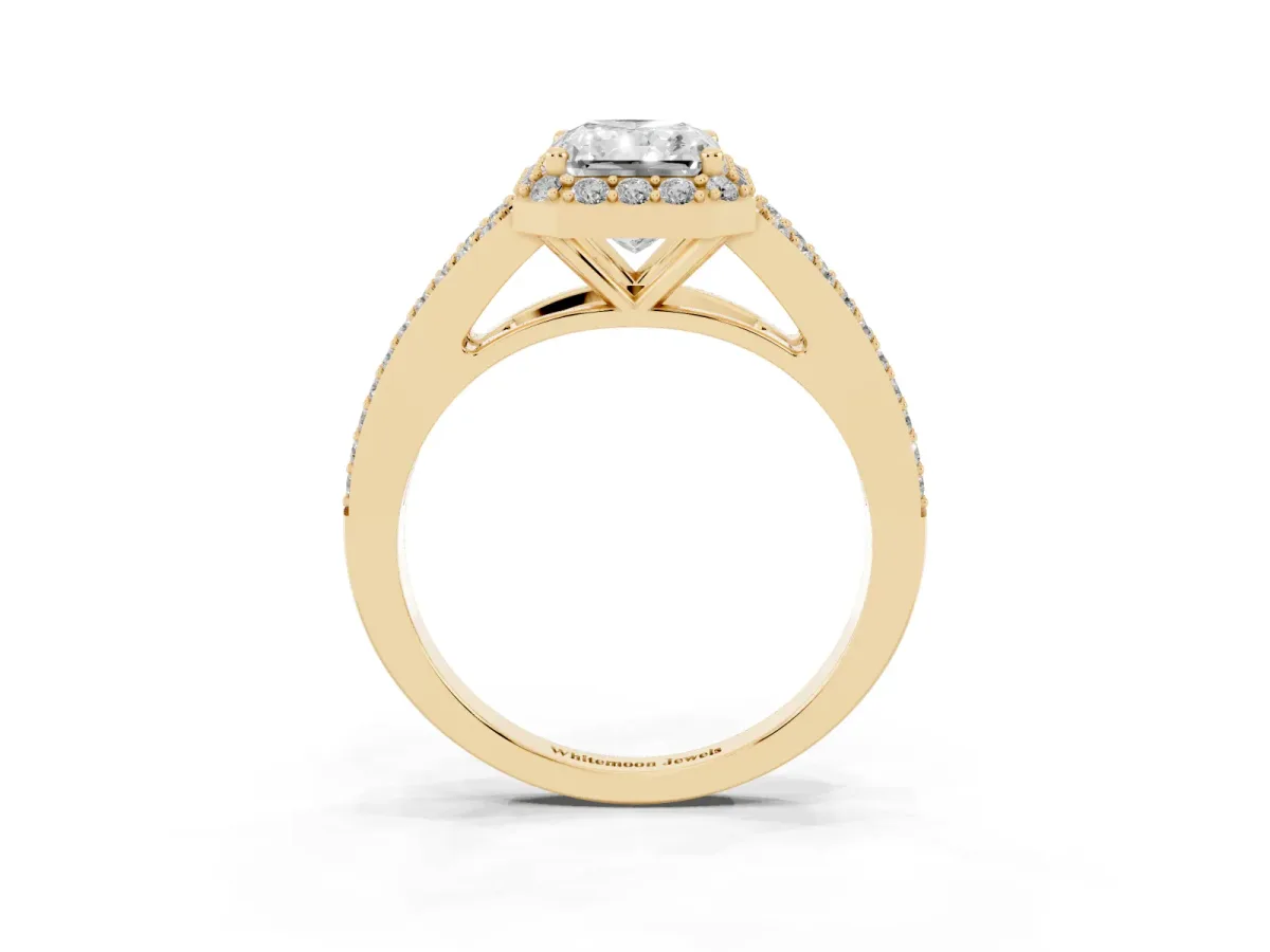 Radiant Cut Halo Split Shank Pave Diamond Ring with Four-Prong Setting Yellow gold