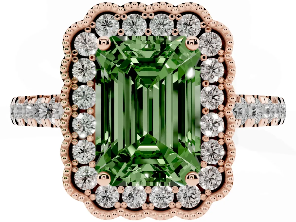 Fancy Green Emerald Cut Cut Diamond Milgrain Floral Halo Engagement Ring with Pavé Band Rose gold