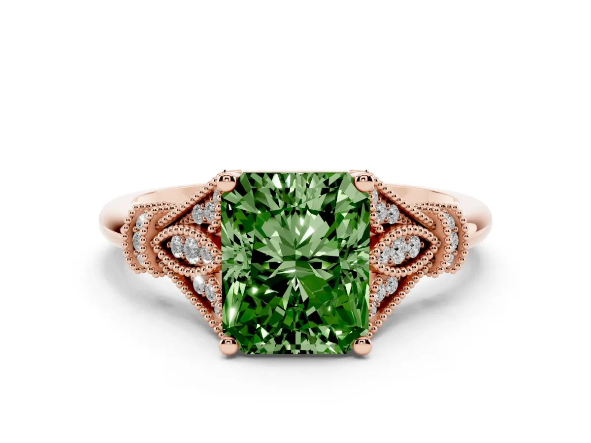 Fancy Green Radiant Cut Diamond Solitaire Ring with Floral Filigree and Pave Accents Rose gold