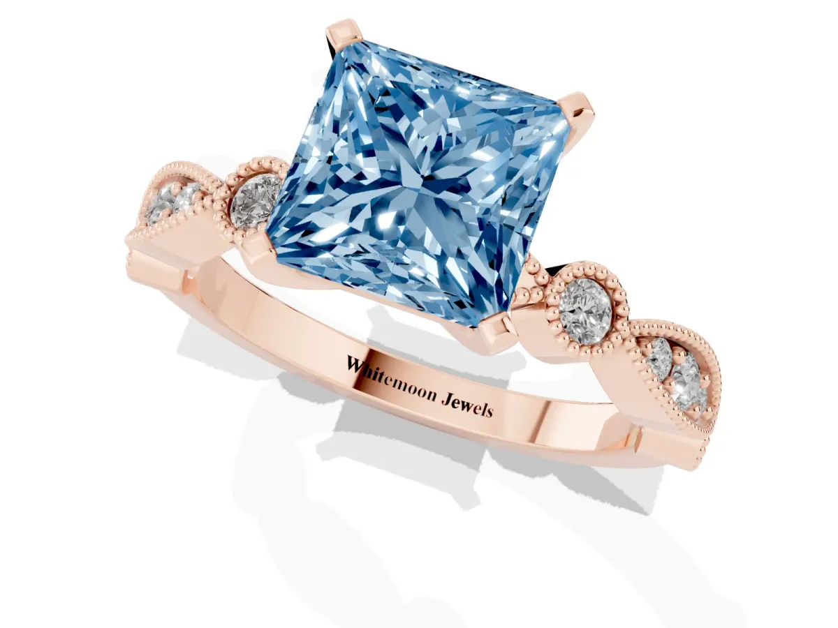 Fancy Blue Princess Cut Milgrain Bezel Diamond Engagement Ring with Solitaire Prong Setting Rose gold