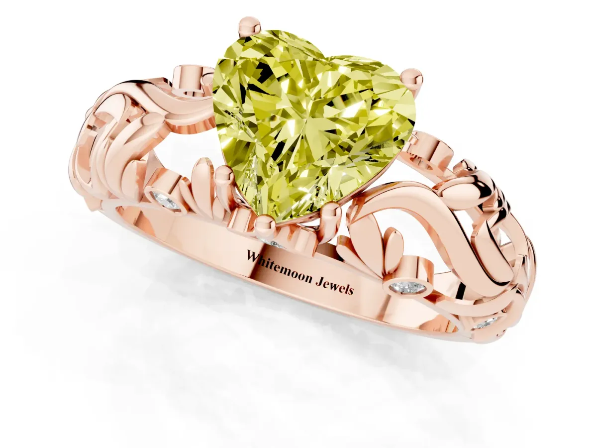 Fancy Yellow Heart Cut Solitaire Diamond Leaf-Inspired Vine Band Ring with Prong Setting Rose gold