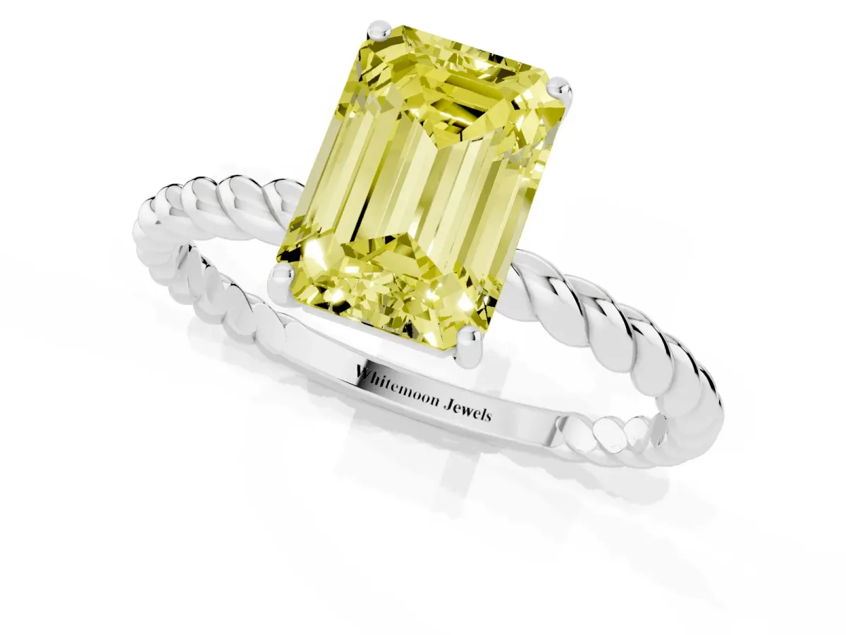 Fancy Yellow Emerald Cut Solitaire Twist Band Ring with Four-Prong Setting Platinum