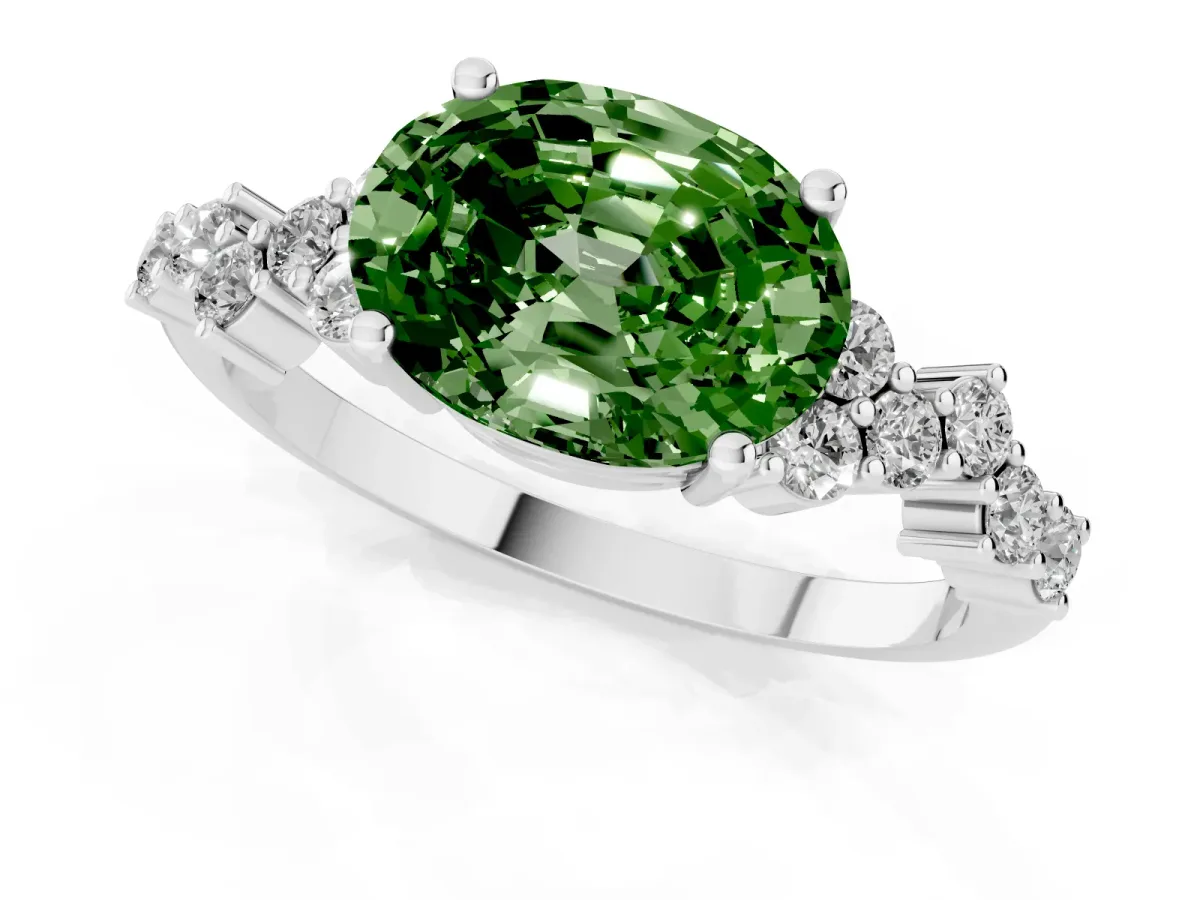 Fancy Green Oval Cut Diamond Scattered Round Accent Ring with Prong Setting Silver