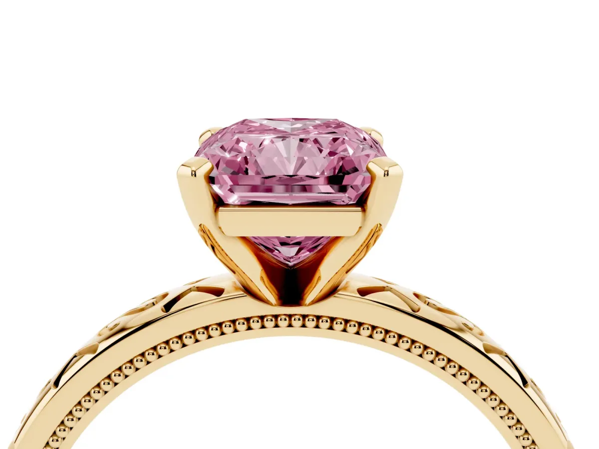 Fancy Pink Radiant Cut Solitaire Engagement Ring with Scrollwork Band and Four-Prong Setting Yellow gold