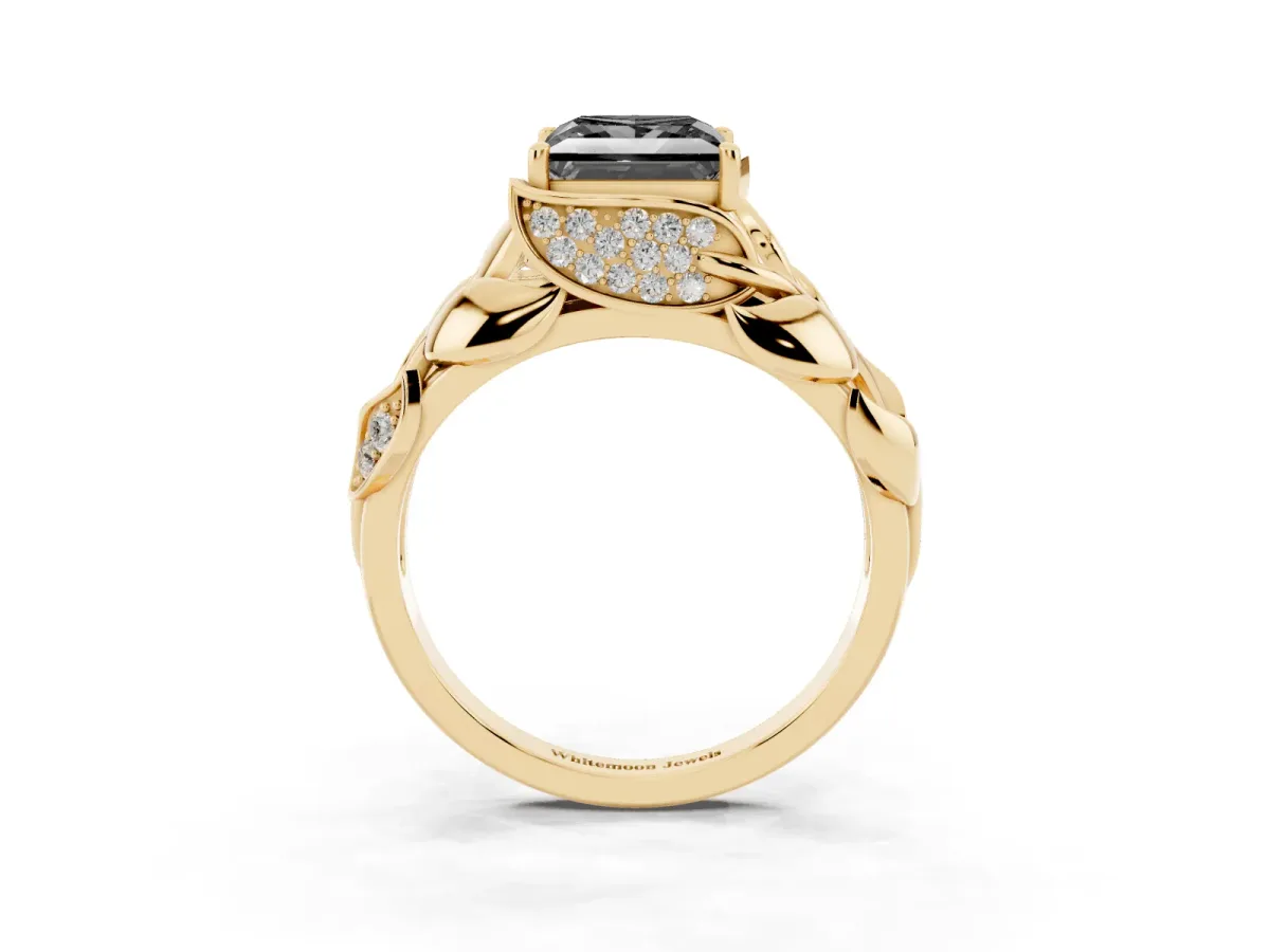 Fancy Black Princess Cut Diamond Leaf-Inspired Engagement Ring with Round Accents and Prong Setting Yellow gold