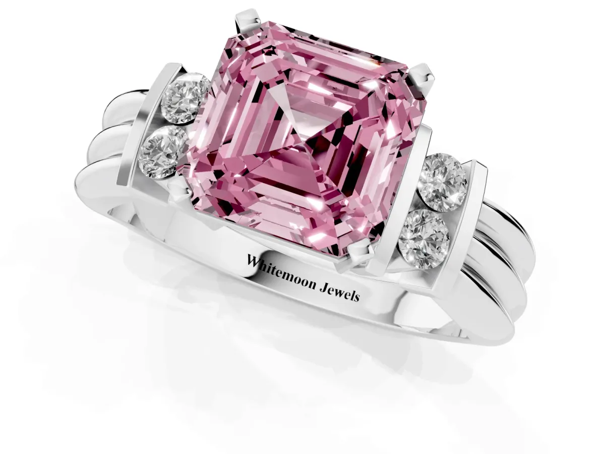 Fancy Pink Asscher Cut Cut Three-Stone Channel Set Ring with Bar Prongs Silver