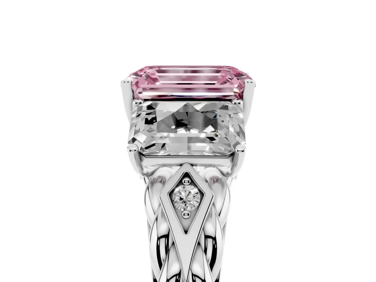 Fancy Pink Three-Stone Radiant Cut Diamond Braided Band Ring with Four-Prong Setting Platinum