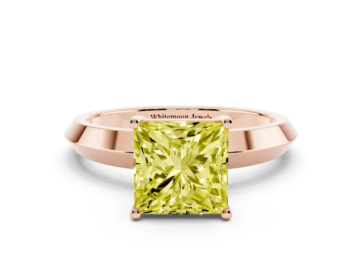 Fancy Yellow Princess Cut Cut Solitaire Engagement Ring with Flat Band and Four-Prong Setting Rose gold