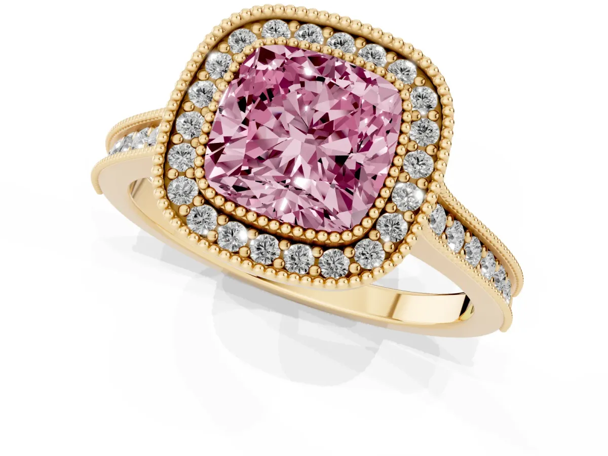 Fancy Pink Halo Cushion Cut-Cut Diamond Pave Band Milgrain Prong Setting Ring Yellow gold