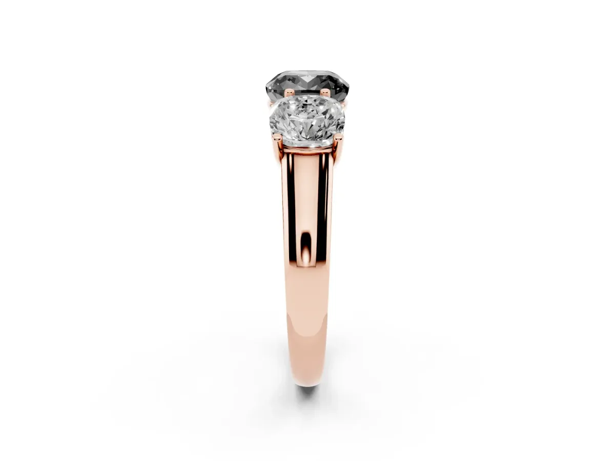 Fancy Black Cushion Cut Three-Stone Diamond Ring with Prong Setting on a Classic Band Rose gold