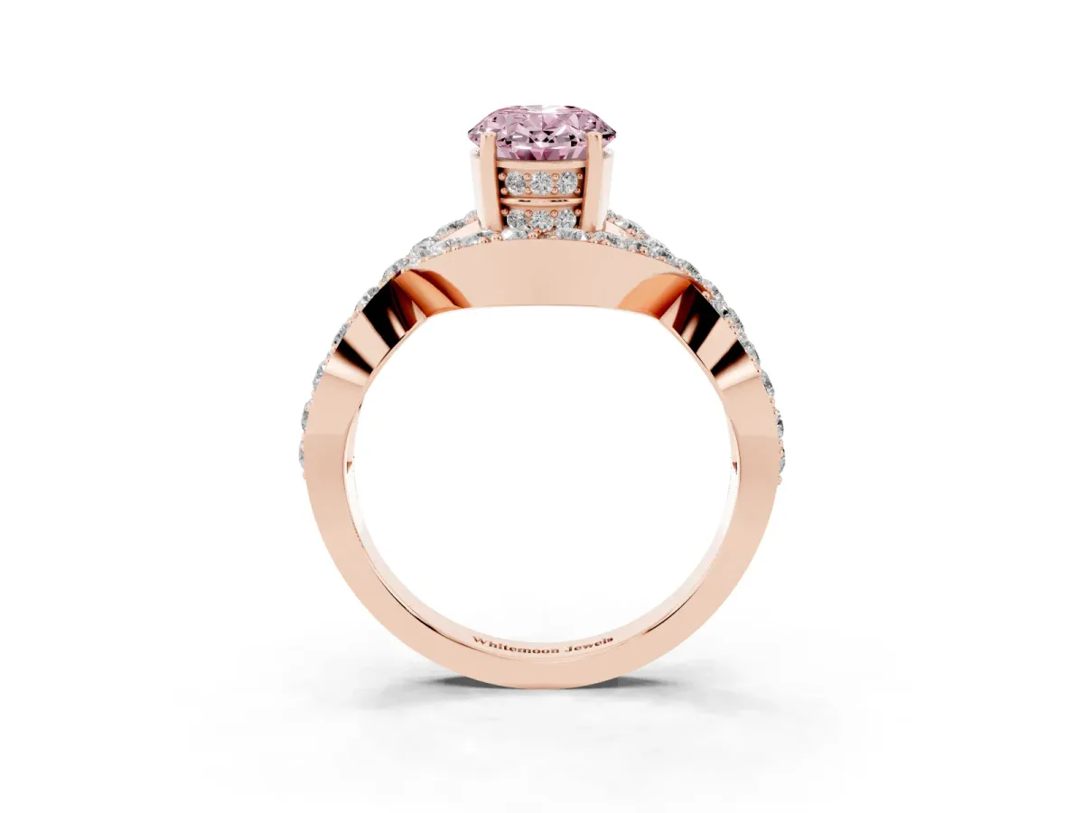 Fancy Pink Oval Cut Solitaire Twist Band Pavé Diamond Engagement Ring Rose gold