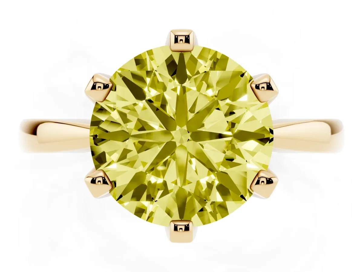 Fancy Yellow Round Cut Solitaire Engagement Ring with Six-Prong Setting and Tapered Band Yellow gold
