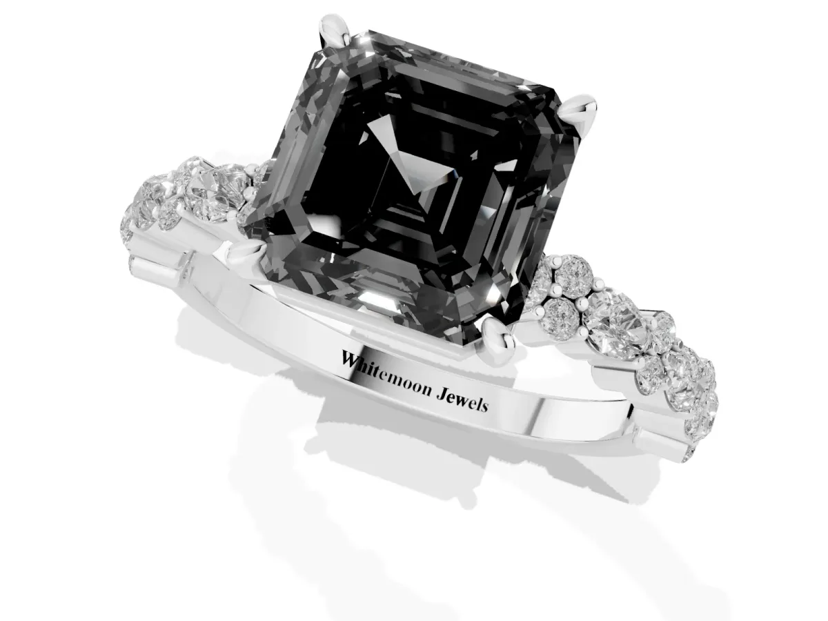 Fancy Black Asscher Cut Diamond Side Stone Solitaire Ring with Round and Four-Prong Setting Platinum