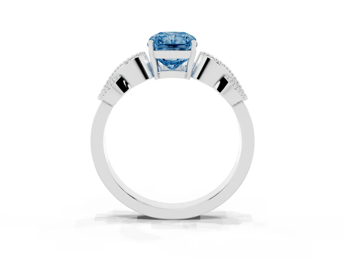 Fancy Blue Princess Cut Solitaire Milgrain Leaf Band with Prong Setting Silver