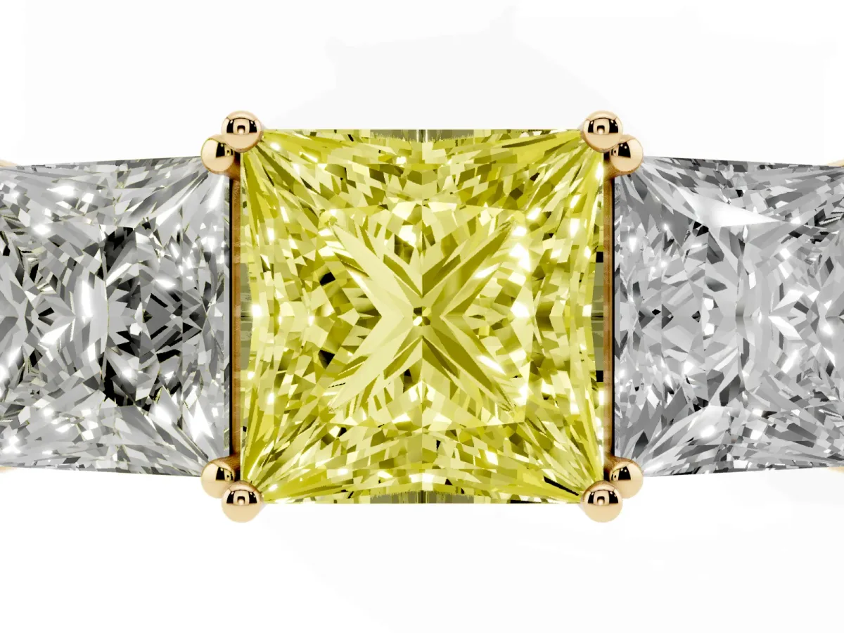 Fancy Yellow Princess Cut Diamond Three-Stone Ring with Prong Setting and Textured Band Yellow gold
