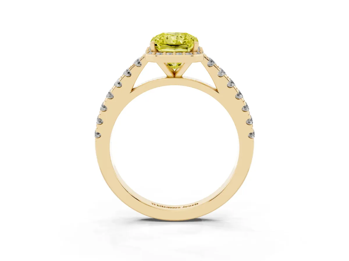 Fancy Yellow Radiant Cut Cut Halo Diamond Engagement Ring with Pave Band and Four-Prong Setting Yellow gold