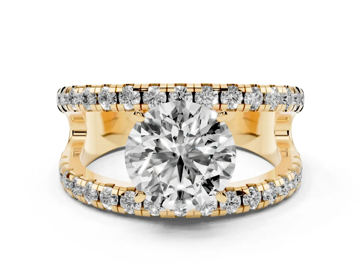 Round Cut Solitaire Split Shank Pave Diamond Ring Yellow gold
