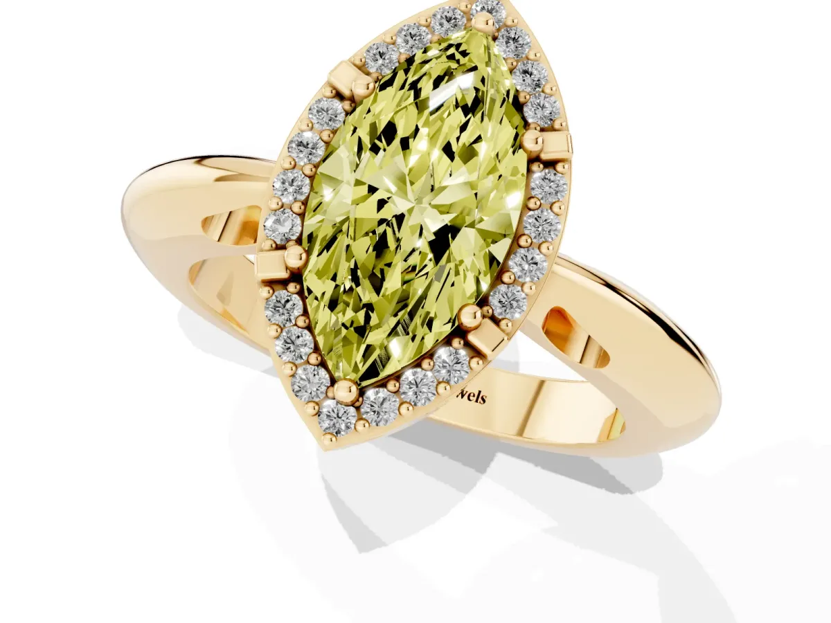 Fancy Yellow Marquise Cut Cut Diamond Halo Engagement Ring with Split Shank and Four-Prong Setting Yellow gold