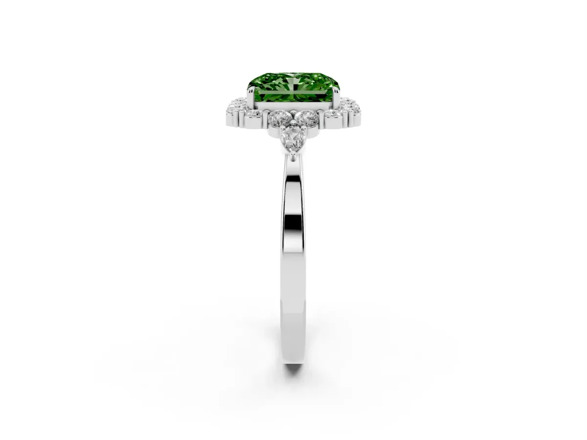 Fancy Green Radiant Cut Diamond Halo Ring with Pear Side Stones and Prong Setting Platinum