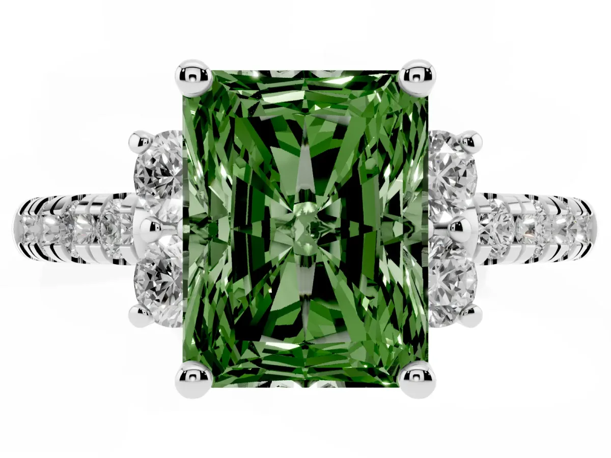 Fancy Green Radiant Cut Diamond Three-Stone Pave Band with Four-Prong Setting Silver