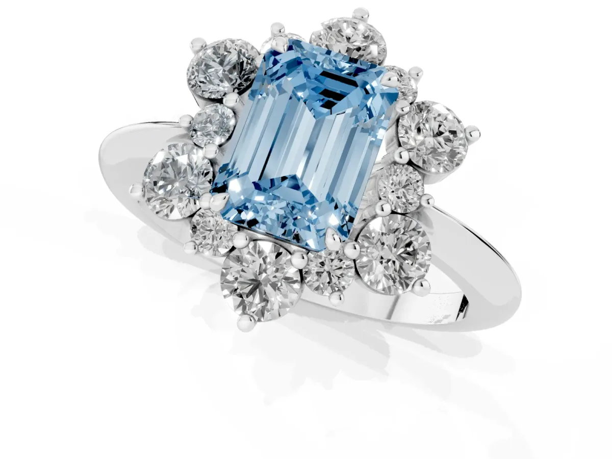 Fancy Blue Emerald Cut Diamond Cluster Halo Ring with Solitaire Band and Four-Prong Setting Silver