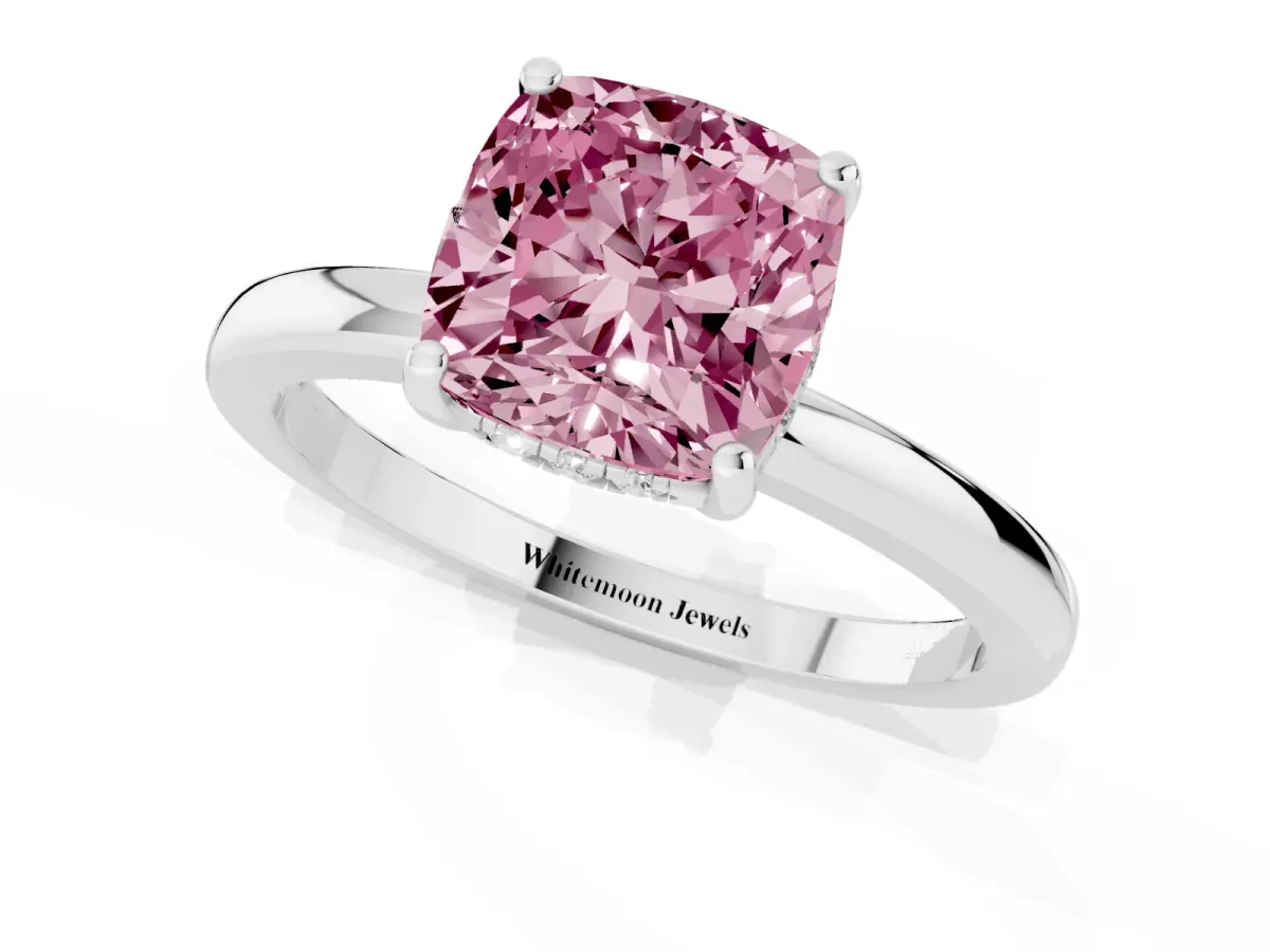 Fancy Pink Cushion Cut Solitaire Diamond Ring with Prong Setting and Plain Band White gold