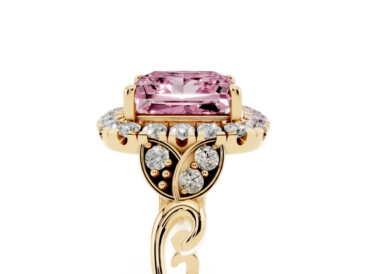 Fancy Pink Princess Cut Halo Diamond Engagement Ring with Vintage-Inspired Band and Four-Prong Setting Yellow gold