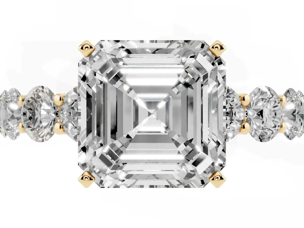Asscher Cut Diamond Prong Setting with Side Stones on a Pave Band Yellow gold