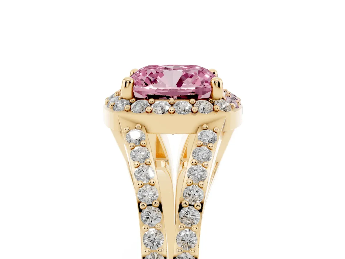 Fancy Pink Cushion Cut Halo Split Shank Diamond Ring with Prong Setting Yellow gold