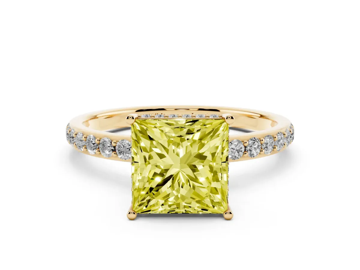 Fancy Yellow Princess Cut Diamond Solitaire Ring with Pavé Band and Hidden Halo Yellow gold