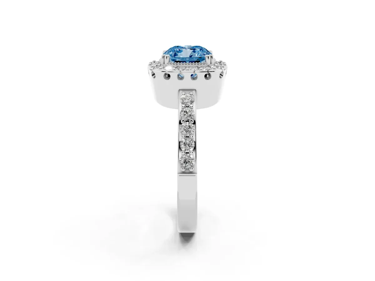 Fancy Blue Cushion Cut Diamond Halo Ring with Pavé Band and Prong Setting Platinum